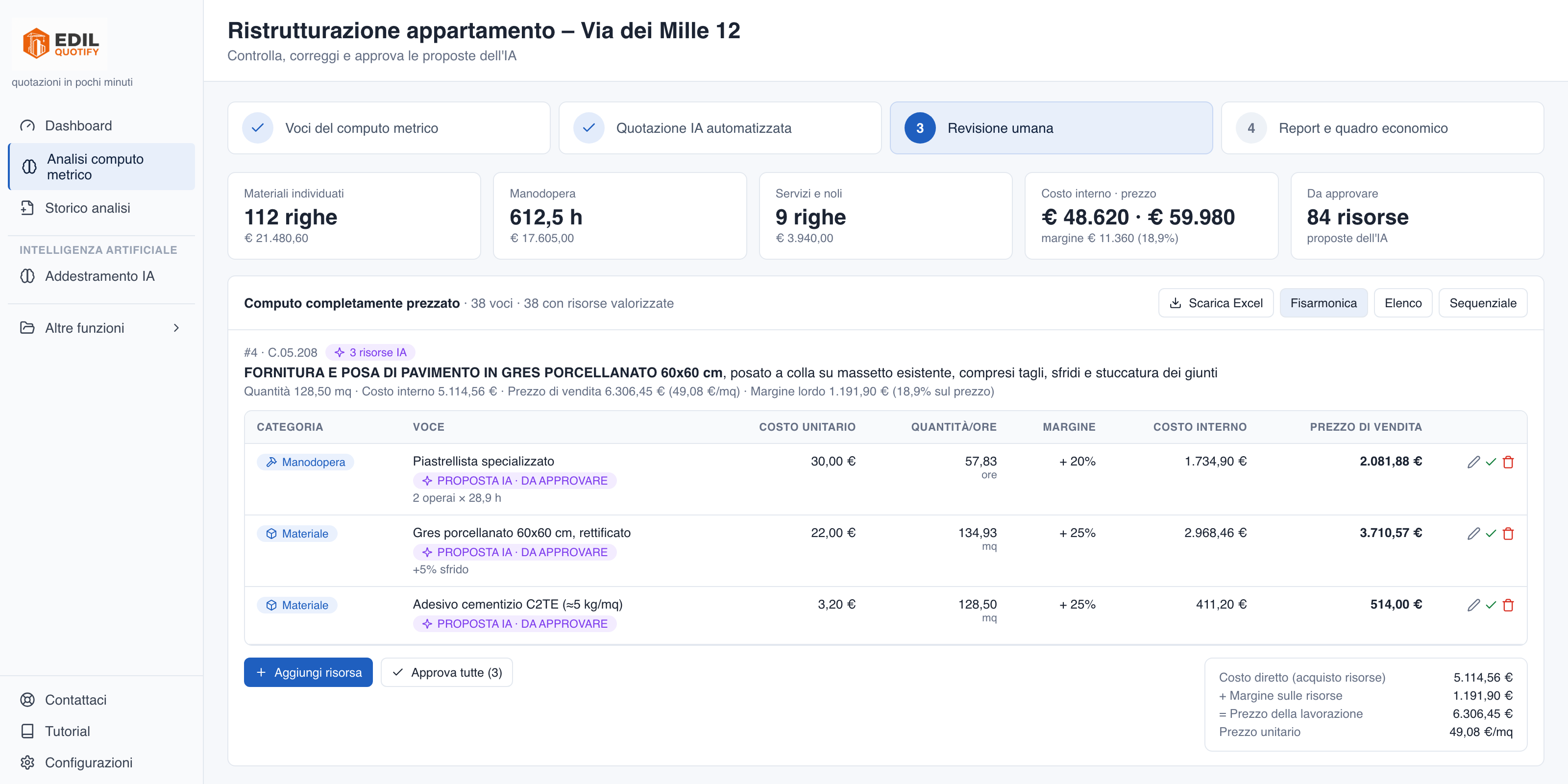 Revisione delle risorse proposte per una voce del computo in Edil Quotify