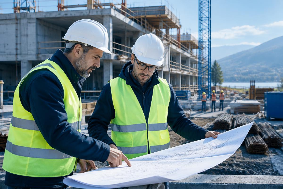 Tecnici esaminano una planimetria in cantiere